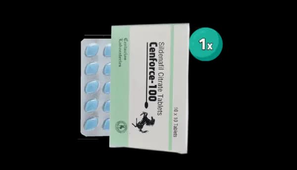 Verpakking Cenforce-100, een kamagra variant, met blauwe pillen die online te bestellen zijn
