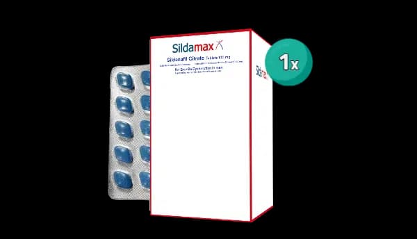 Sildamax, een kamagra-product, te bestellen in blauwe pilvorm en verpakt in een doos